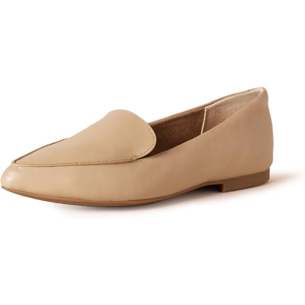 Womens Beige Pu Faux Leather Closed Pointed Toe Low Wedge Heels Loafer Flat